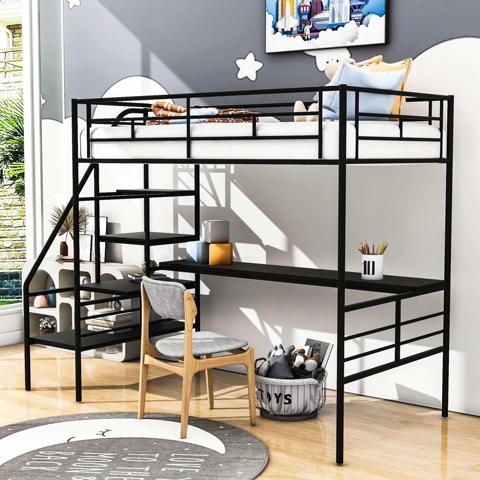 Metal High Twin Size Loft Bed Frame with Desk and Stairs for Adults, Kids