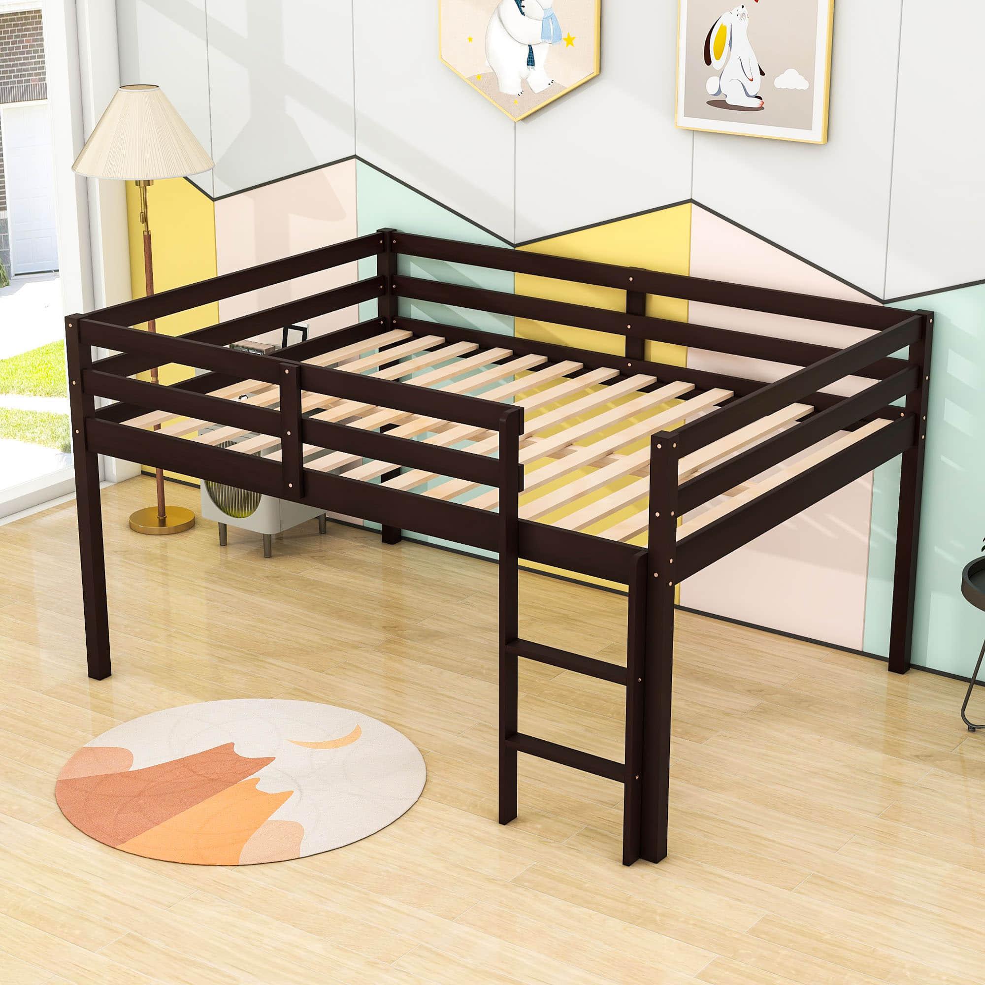 Kids Wooden Full Size Low Loft Bed - [Toddler, Boys, Girls]