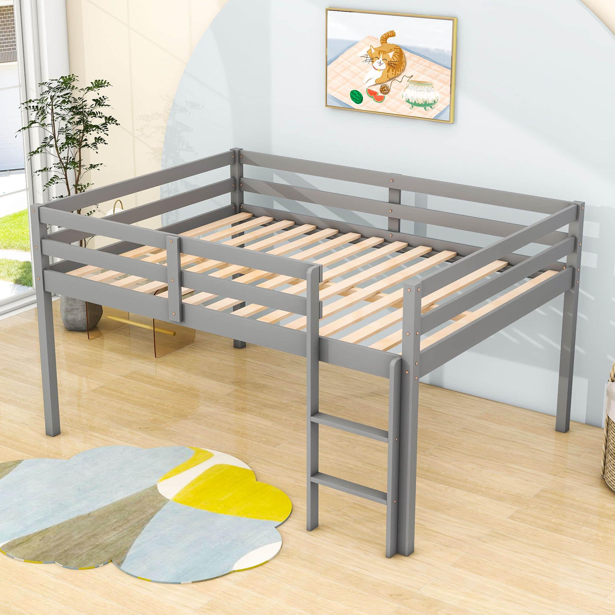 Kids Wooden Full Size Low Loft Bed - [Toddler, Boys, Girls]