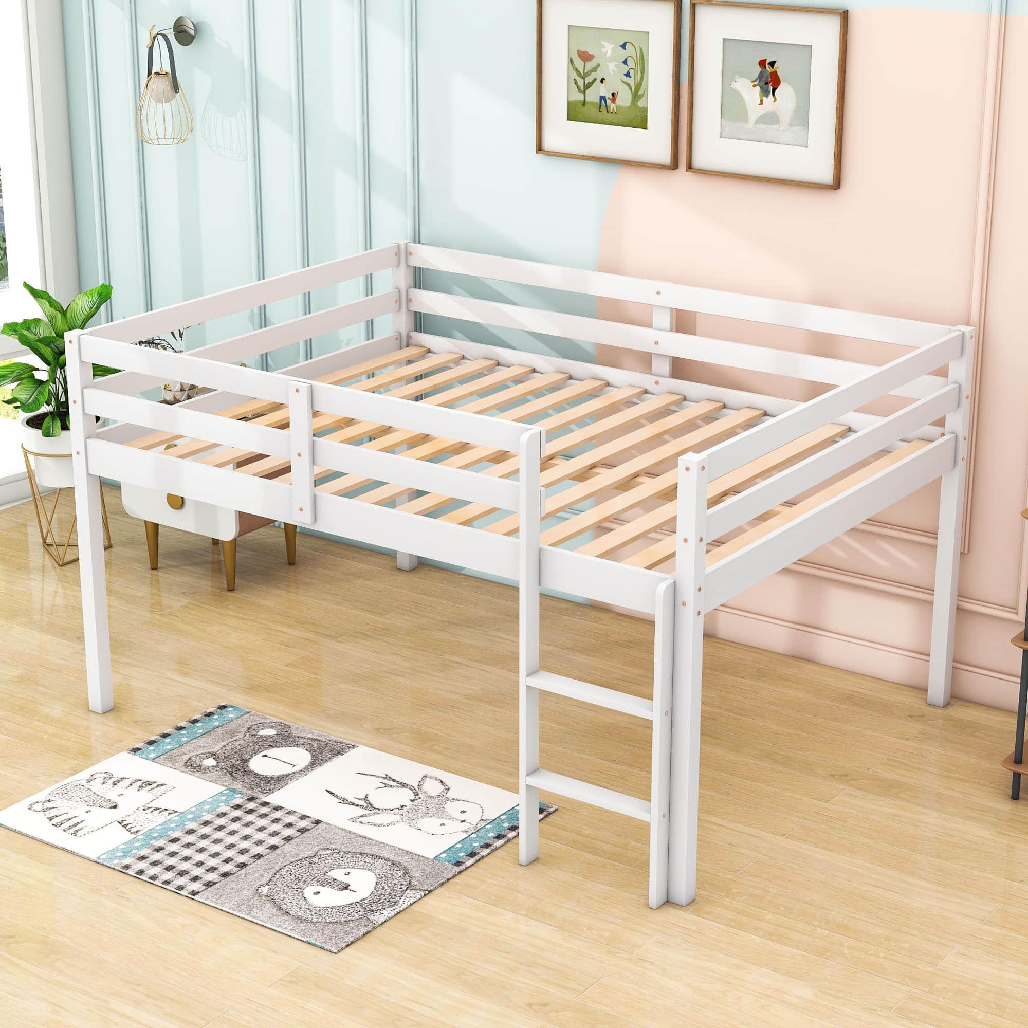 Kids Wooden Full Size Low Loft Bed - [Toddler, Boys, Girls]