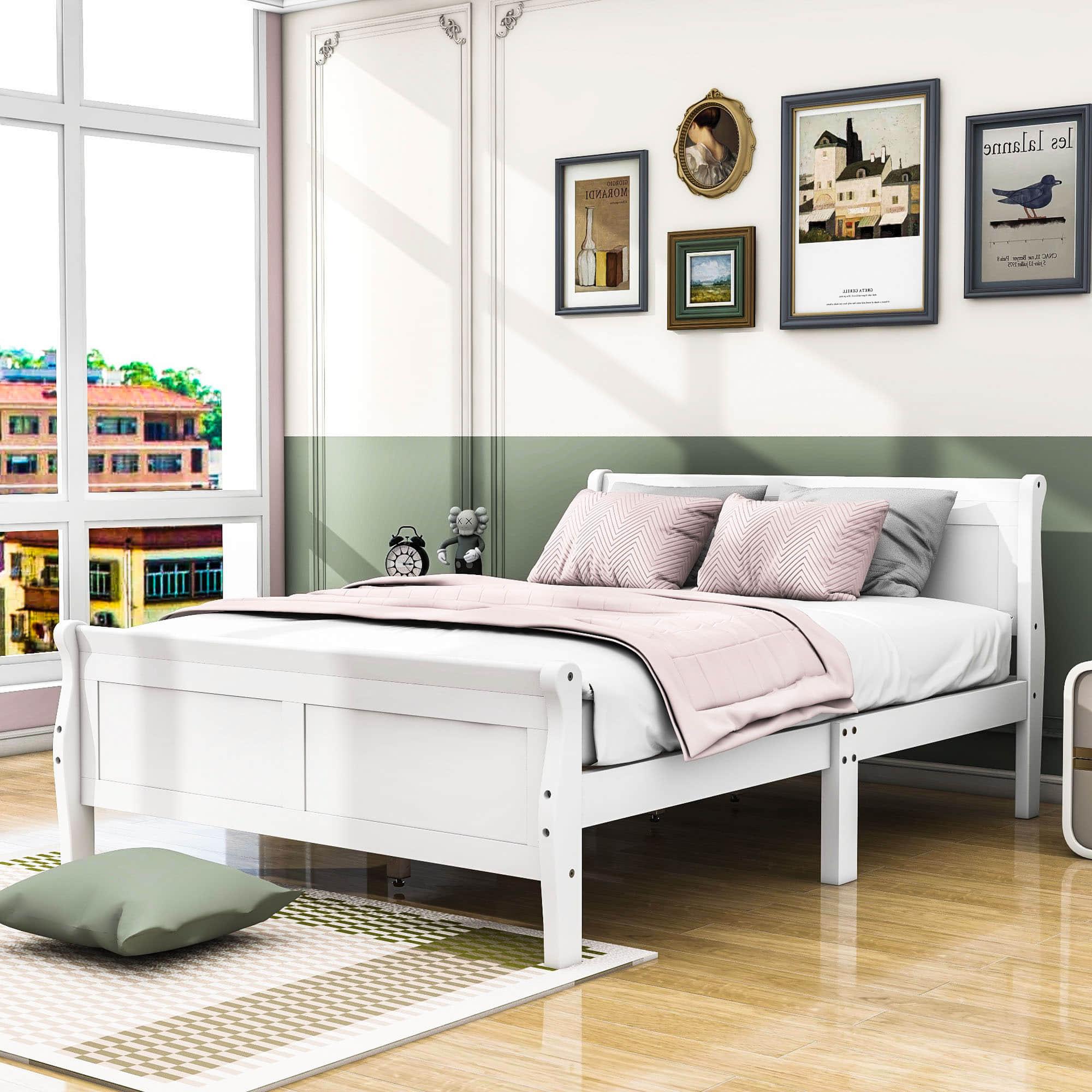 Wooden Full Size Platform Bed with Headboard - [Sleigh]