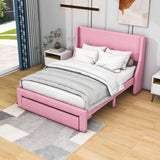 Velvet Upholstered Full Size Platform Bed with Headboard and Storage - [Drawer]