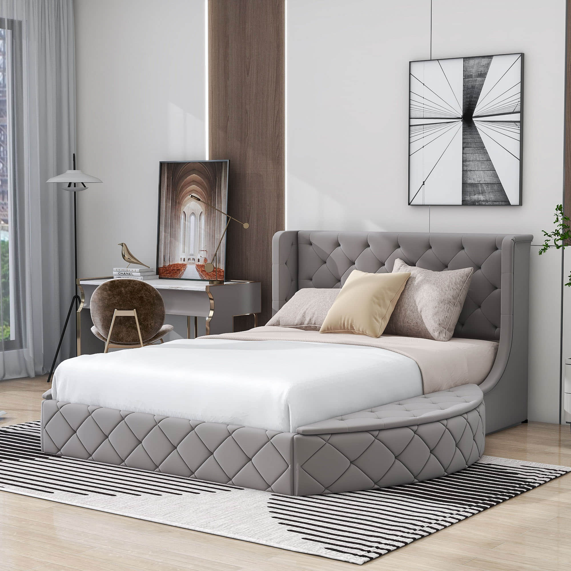 Upholstered Queen Platform Bed Frame with Wingback Headboard and Storage