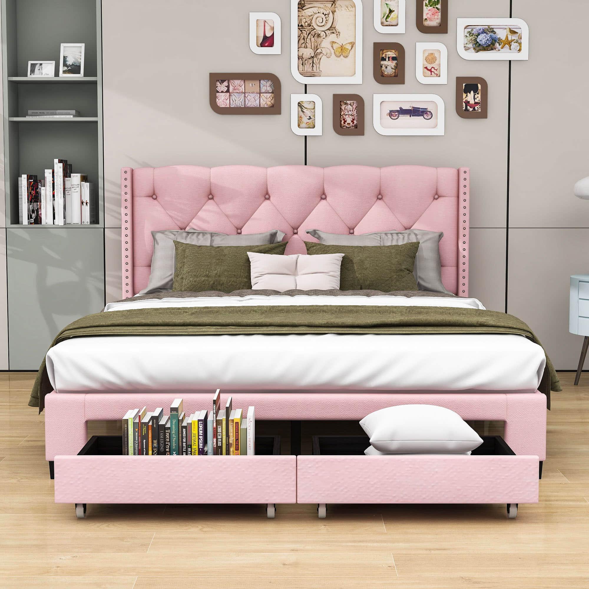 Queen Pink Upholstered Storage Bed Frame with Headboard, Drawers