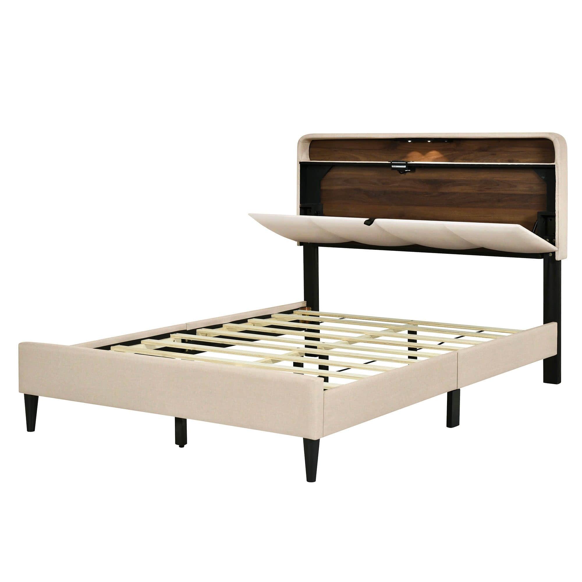 Smart Full Size Platform Upholstered Bed Frame with Storage Headboard