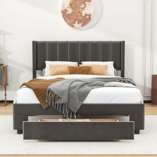 Velvet Full Size Upholstered Platform Bed Frame with Headboard and Storage