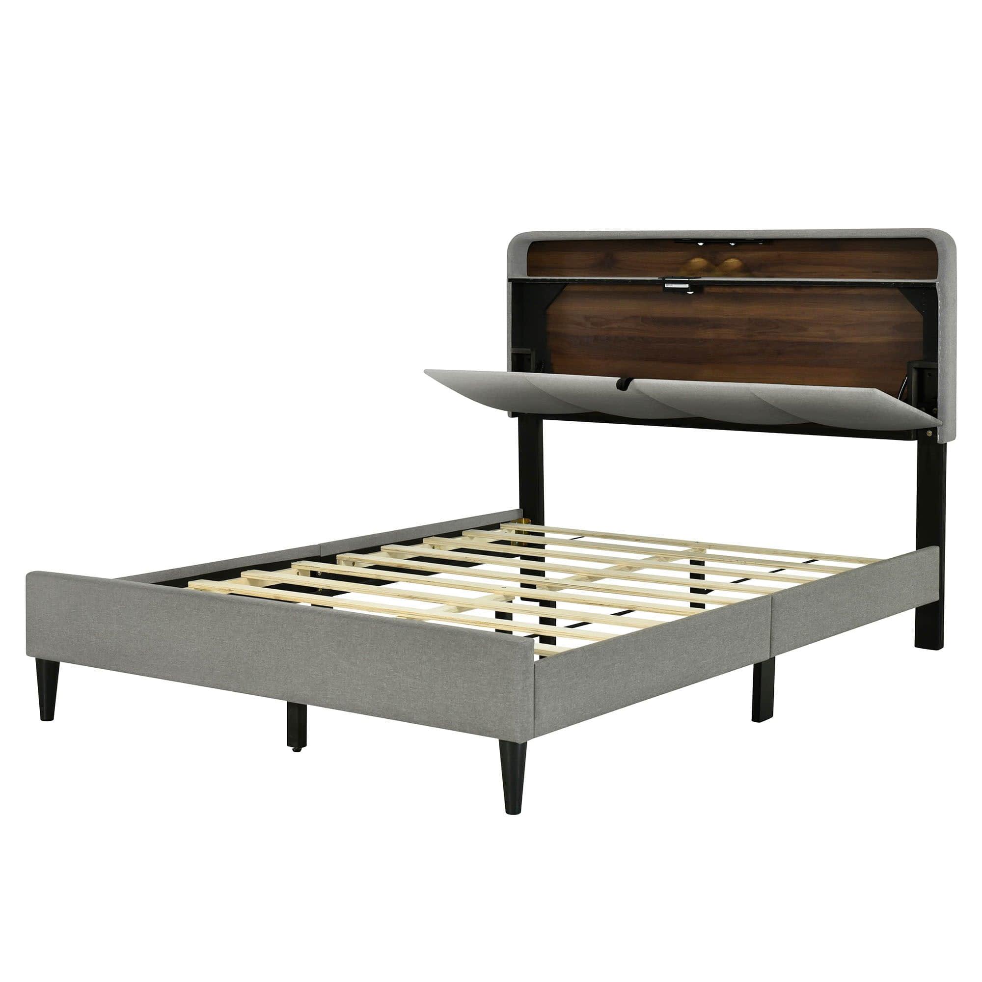 Smart Full Size Platform Upholstered Bed Frame with Storage Headboard