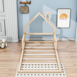 Wood Twin Toddler Floor Bed Frame with Rails and House-Shaped Headboard