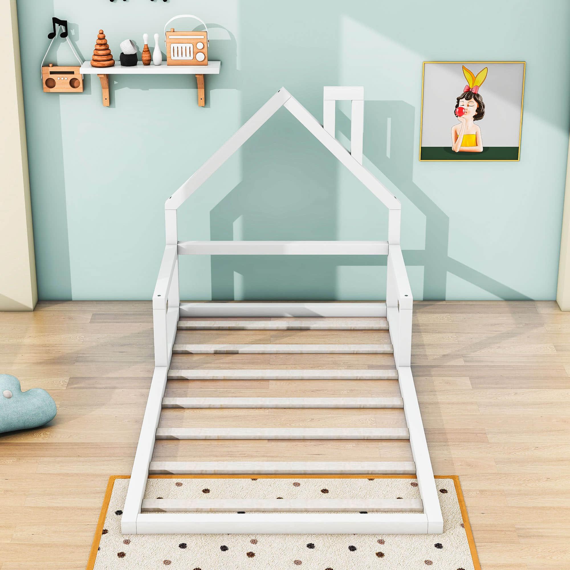 Wood Twin Toddler Floor Bed Frame with Rails and House-Shaped Headboard