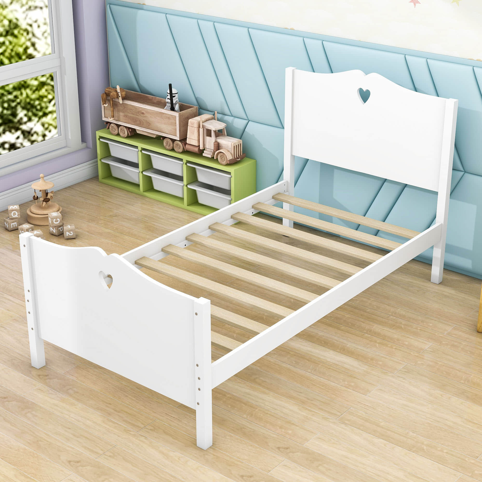 Wood Girls Twin Platform Bed with Headboard and Footboard