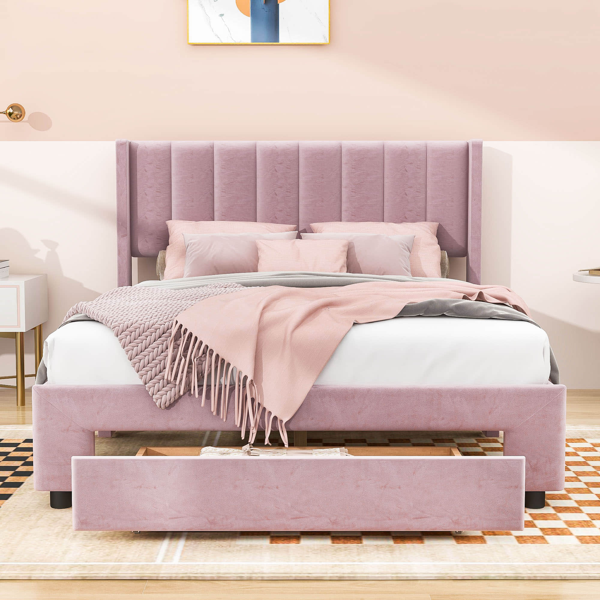 Velvet Full Size Upholstered Platform Bed Frame with Headboard and Storage