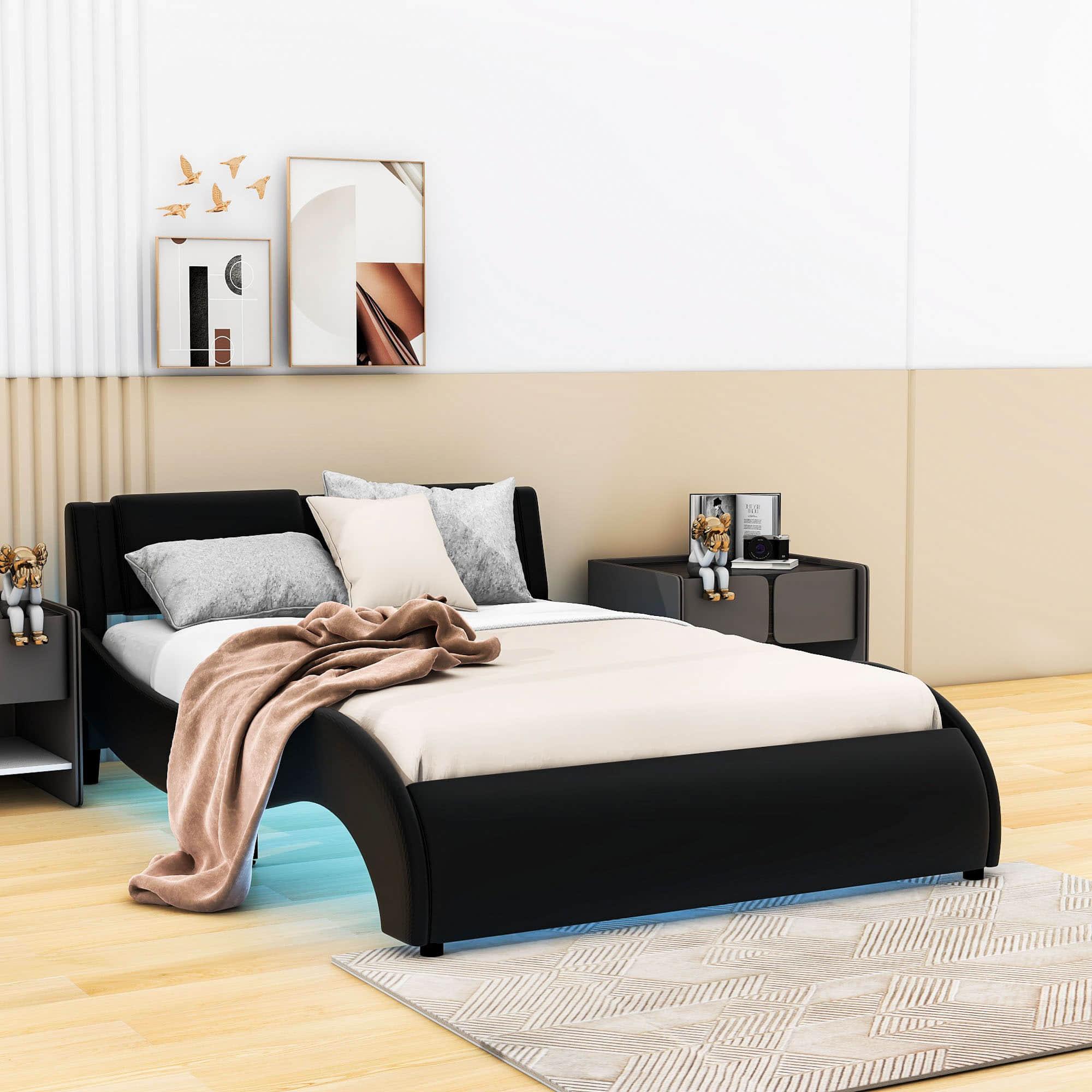 Modern Full Upholstered Platform Bed Frame with Headboard and Lights