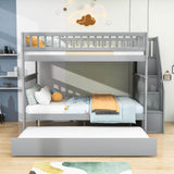 Wooden Full Size Bunk Bed with Stairs and Trundle, Storage Shelves