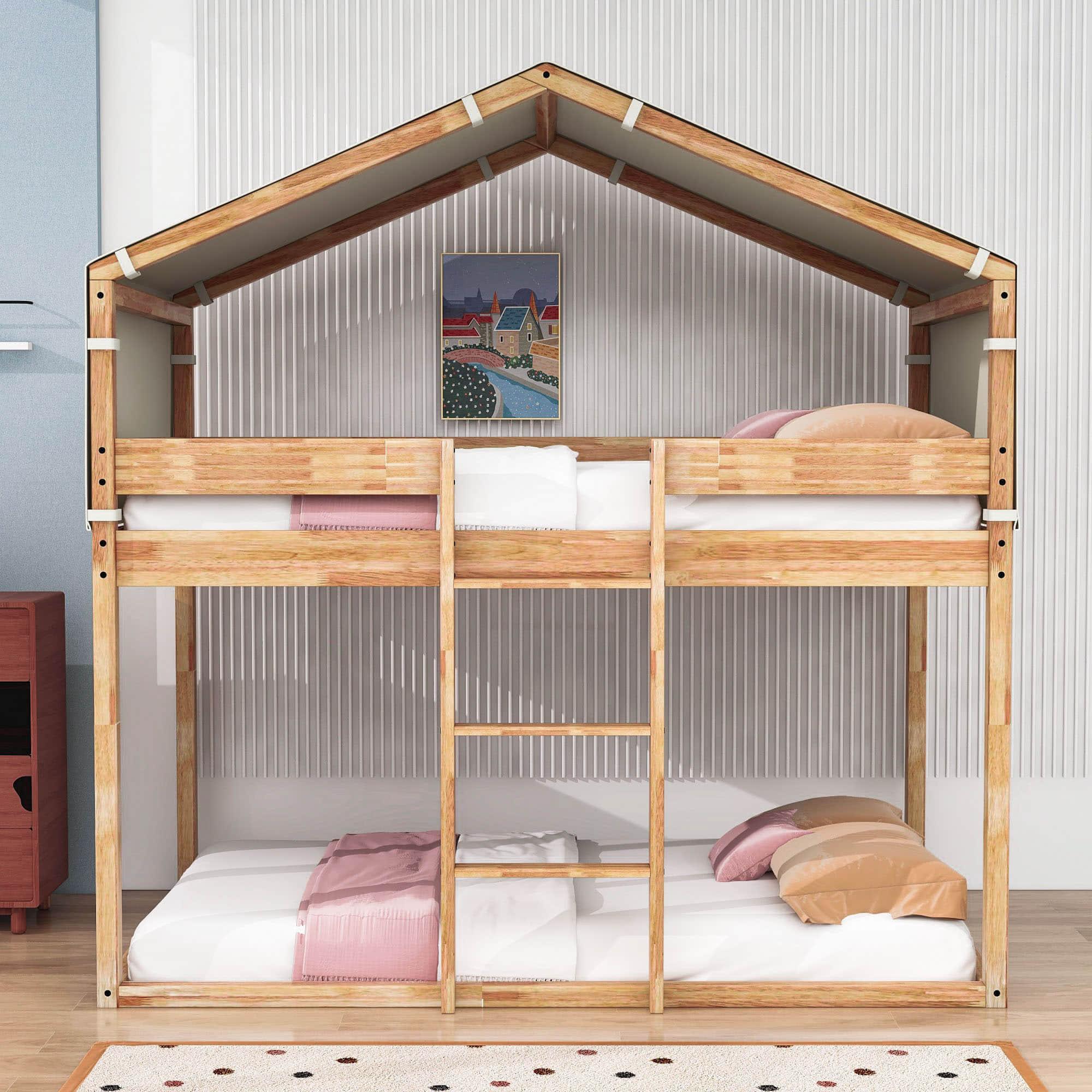 Solid Wood Low Twin Over Twin House Bunk Beds with Tent for Kids Toddler