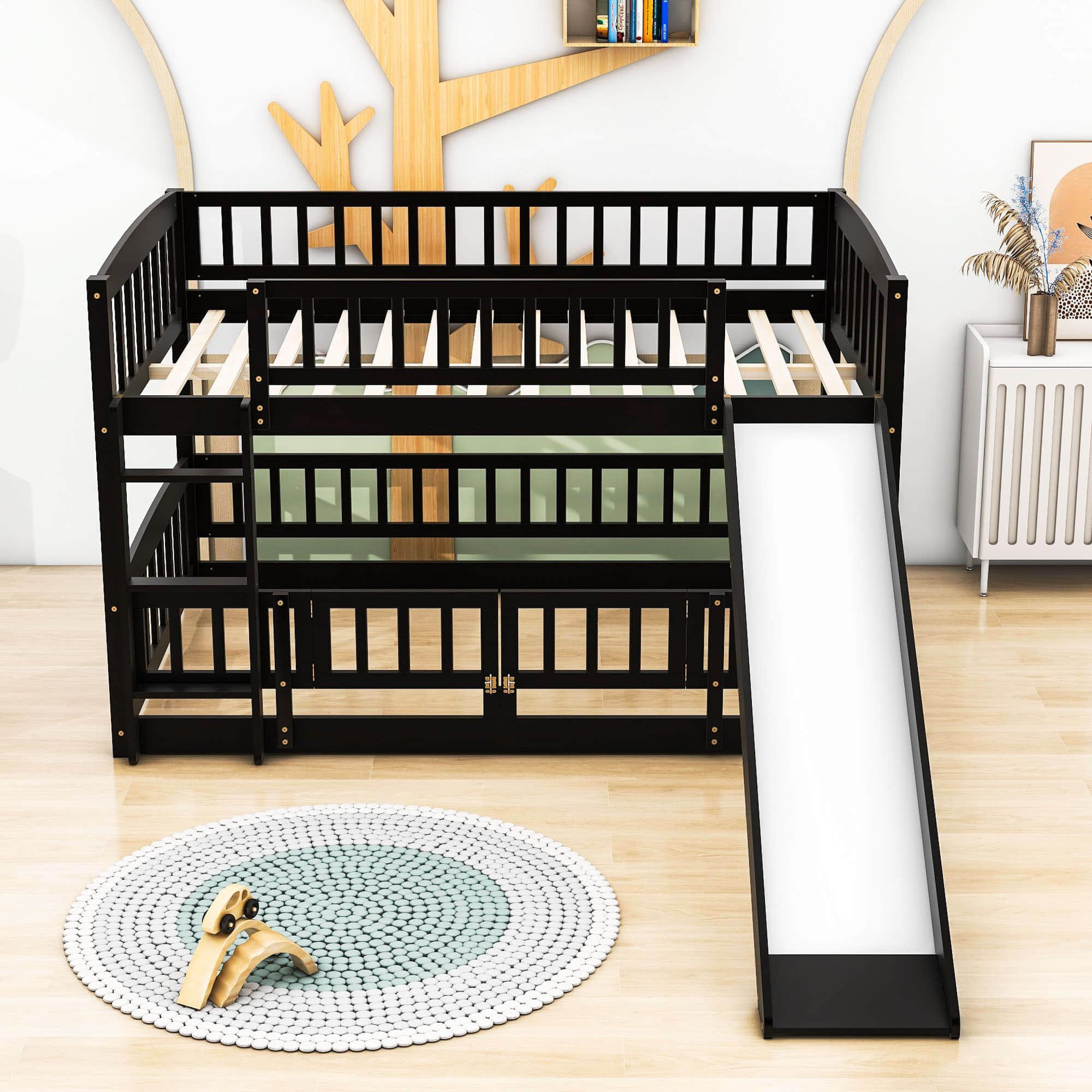 Full Over Full Low Bunk Beds with Slide and Fence - [Interchangeable Ladder, Floor]