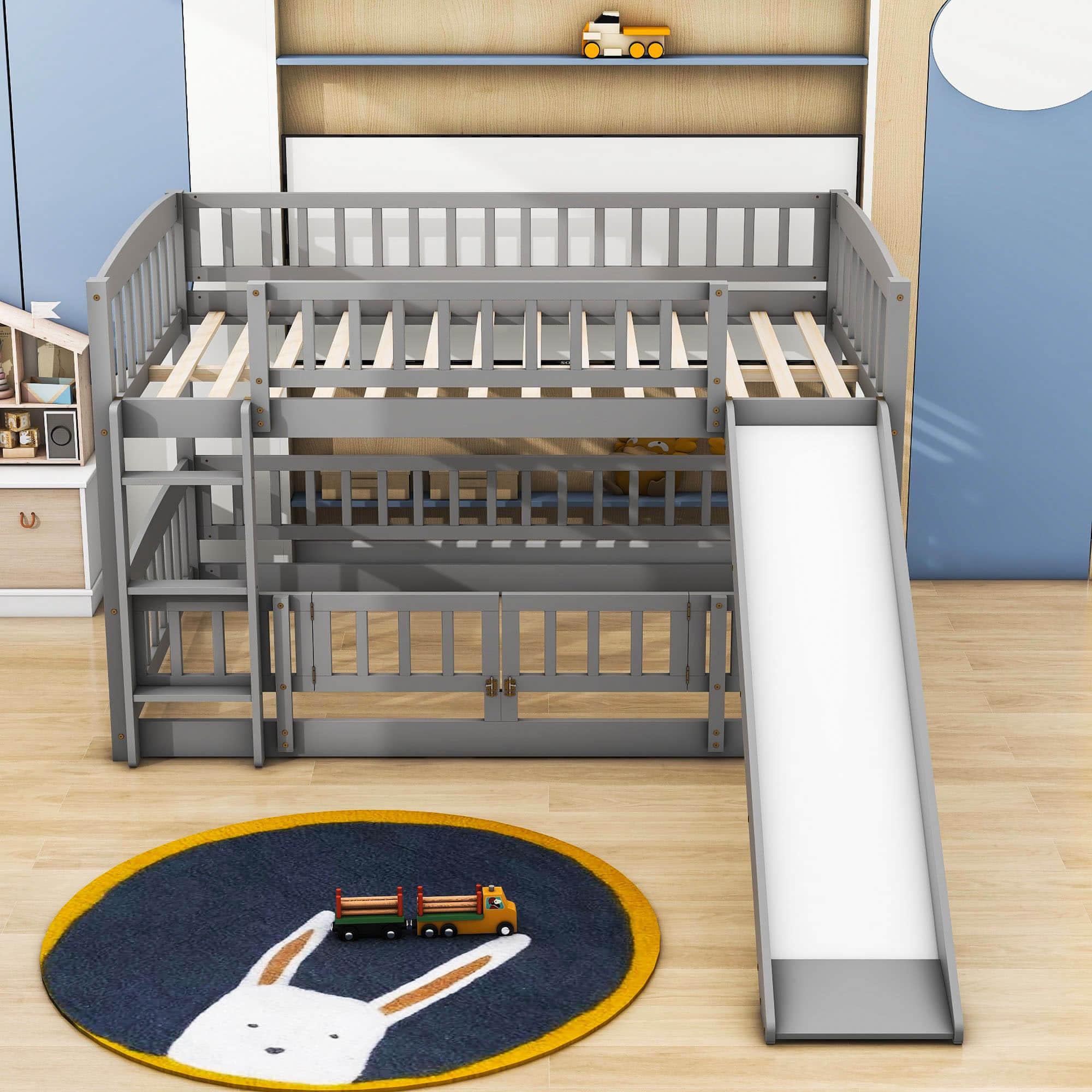 Full Over Full Low Bunk Beds with Slide and Fence - [Interchangeable Ladder, Floor]