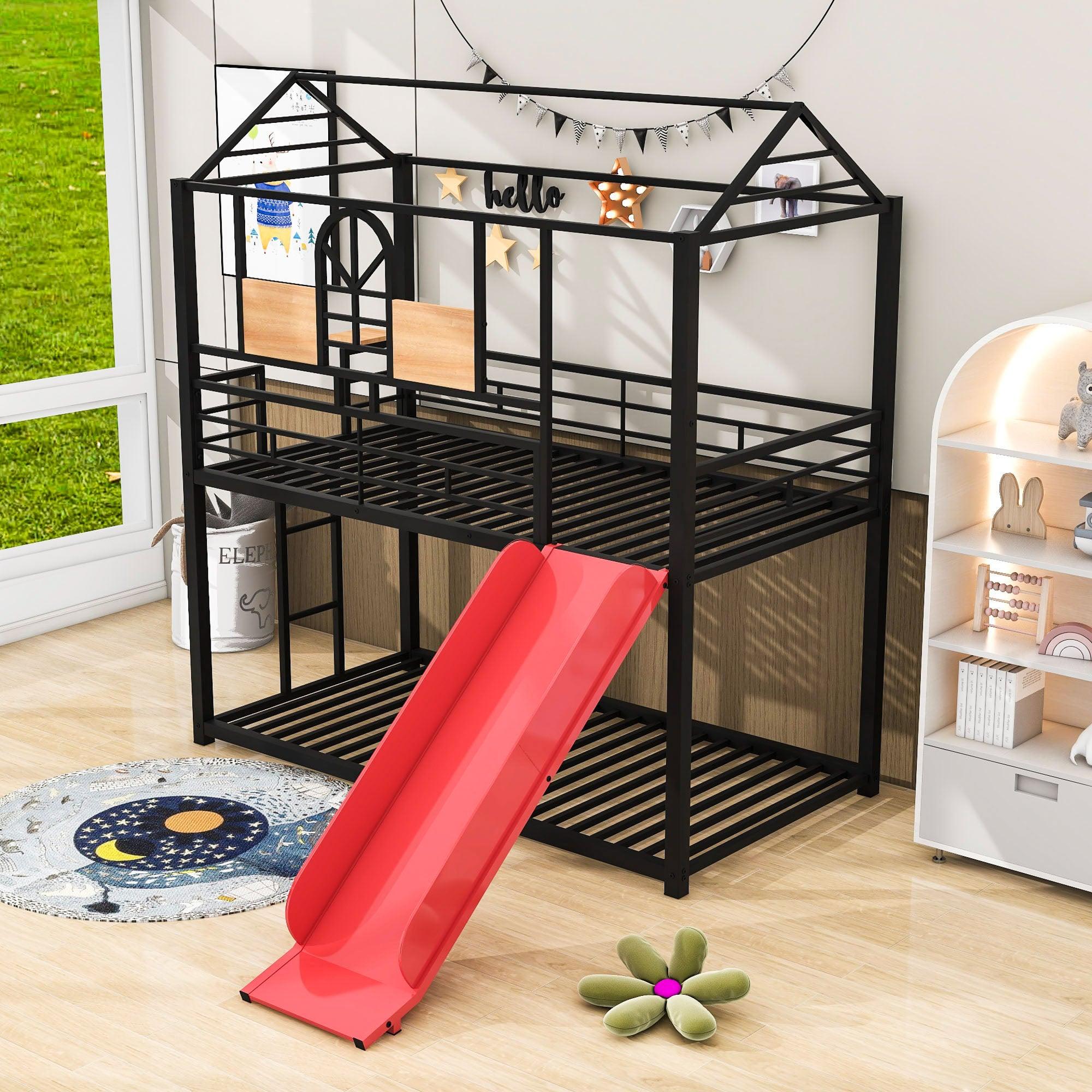 Low House Twin Over Twin Bunk Beds with Slide for Kids Toddler - [Metal]