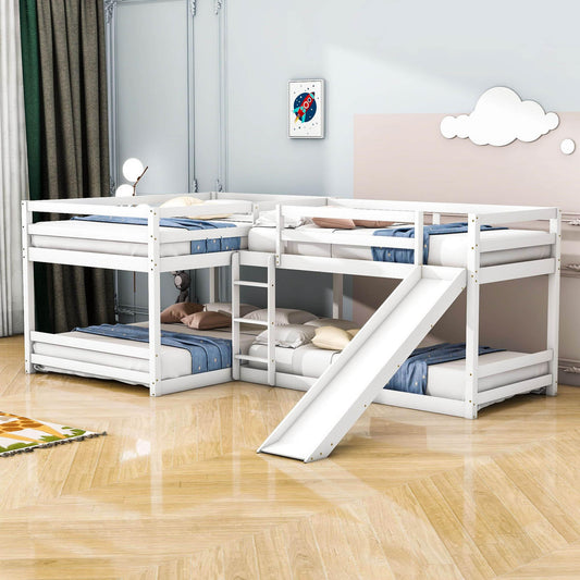 Corner Full and Twin Quad Bunk Beds with Slide - [Wooden, Convertible, L-Shaped]