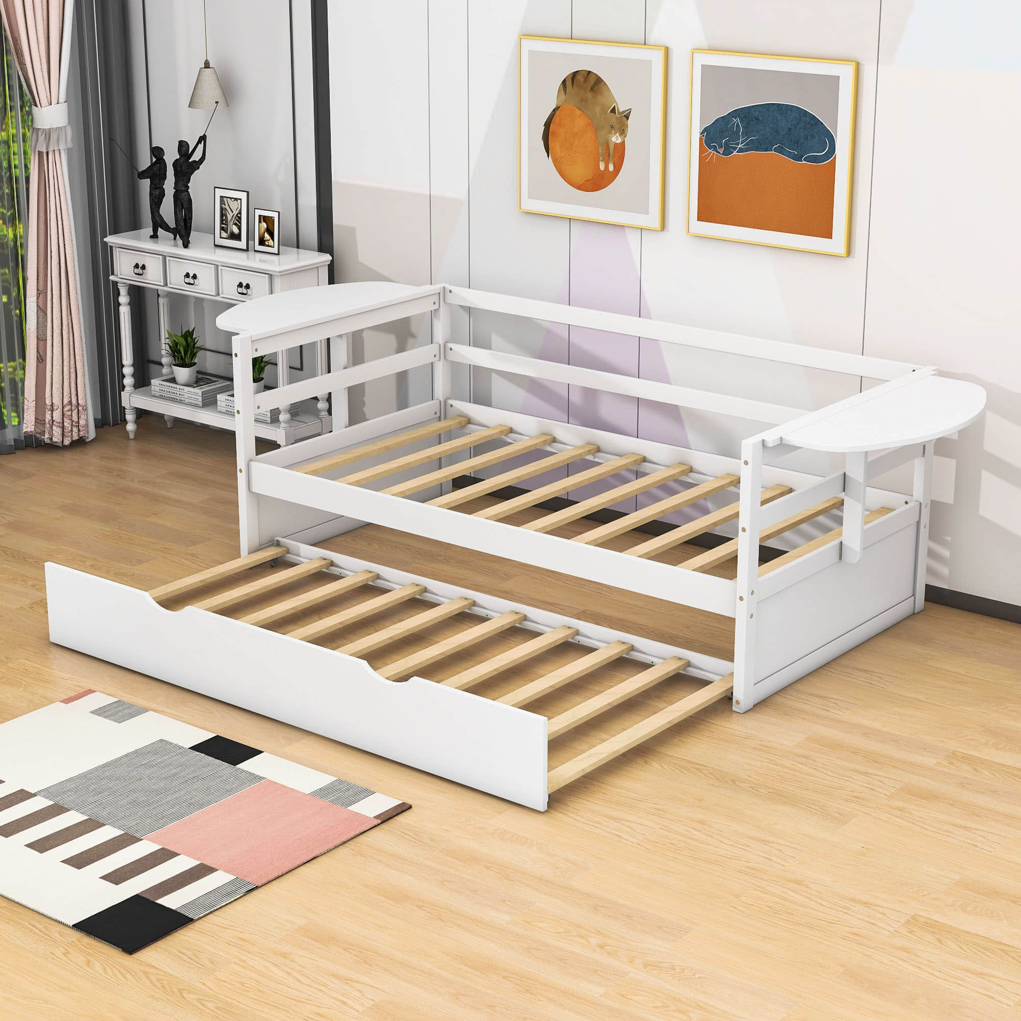 Modern Wood Twin Daybed with Trundle Bed and Foldable Shelves