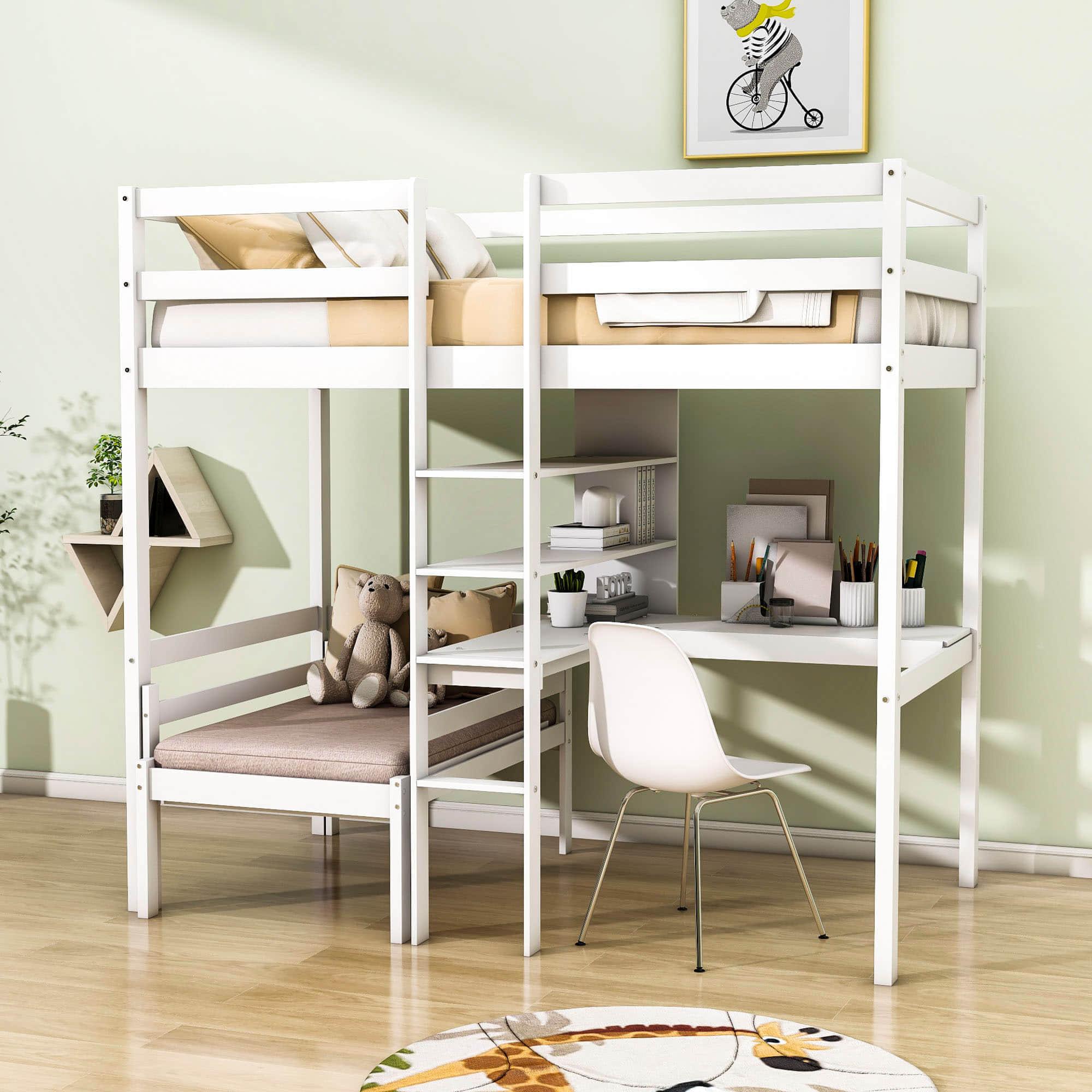 Twin Convertible High Loft Bed with Desk and Shelves for Adult - [Couch, Ladder, Wood]