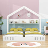 White Double Shared Twin Size House Toddler Floor Bed Frame with Rails