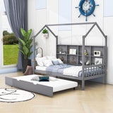 Twin Size Kids House Bed Frame with Twin Trundle and Shelf above Bed