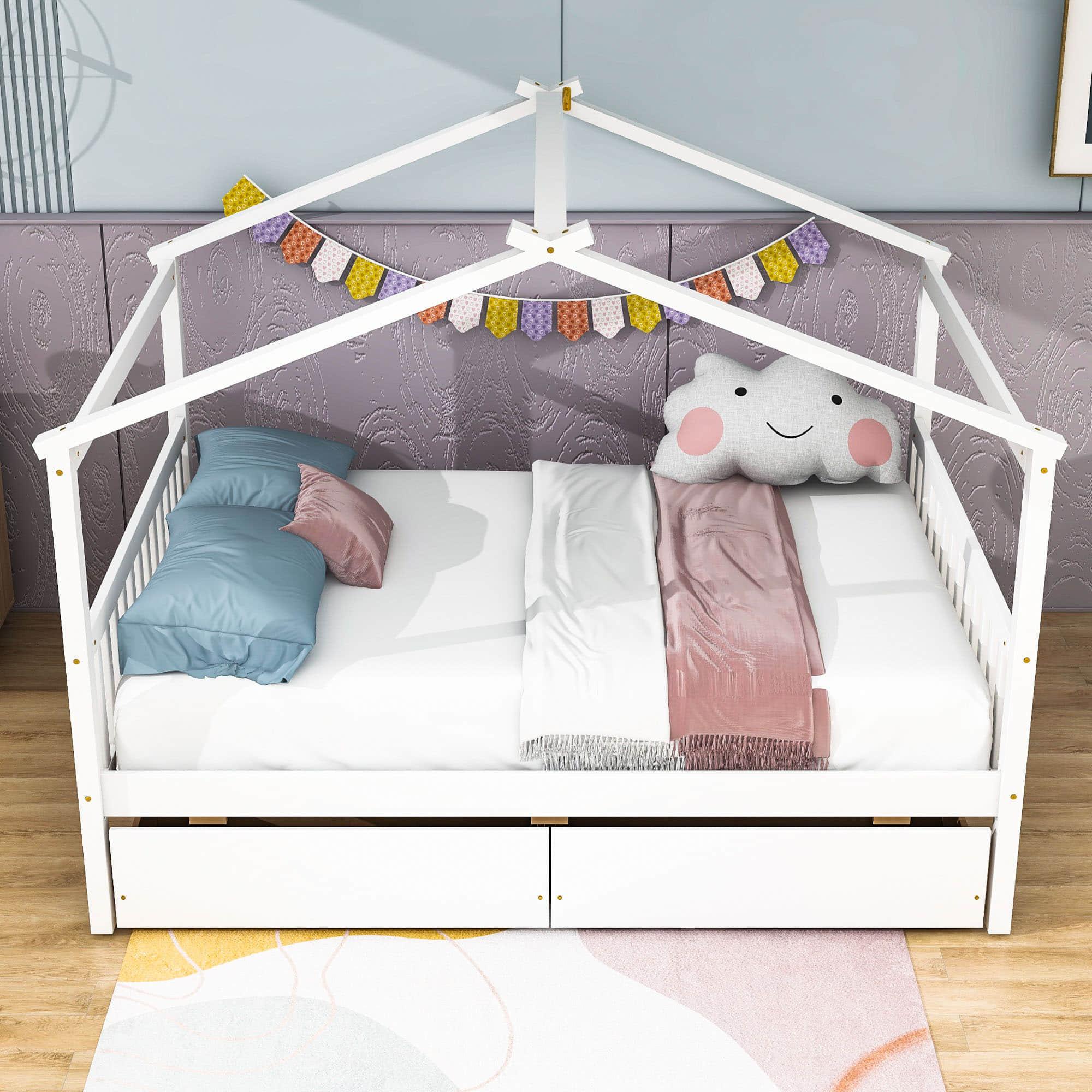 Wooden Full Size House Bed with Storage Drawers for Kids