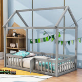 Wood House Twin Toddler Floor Bed with Rails and Door