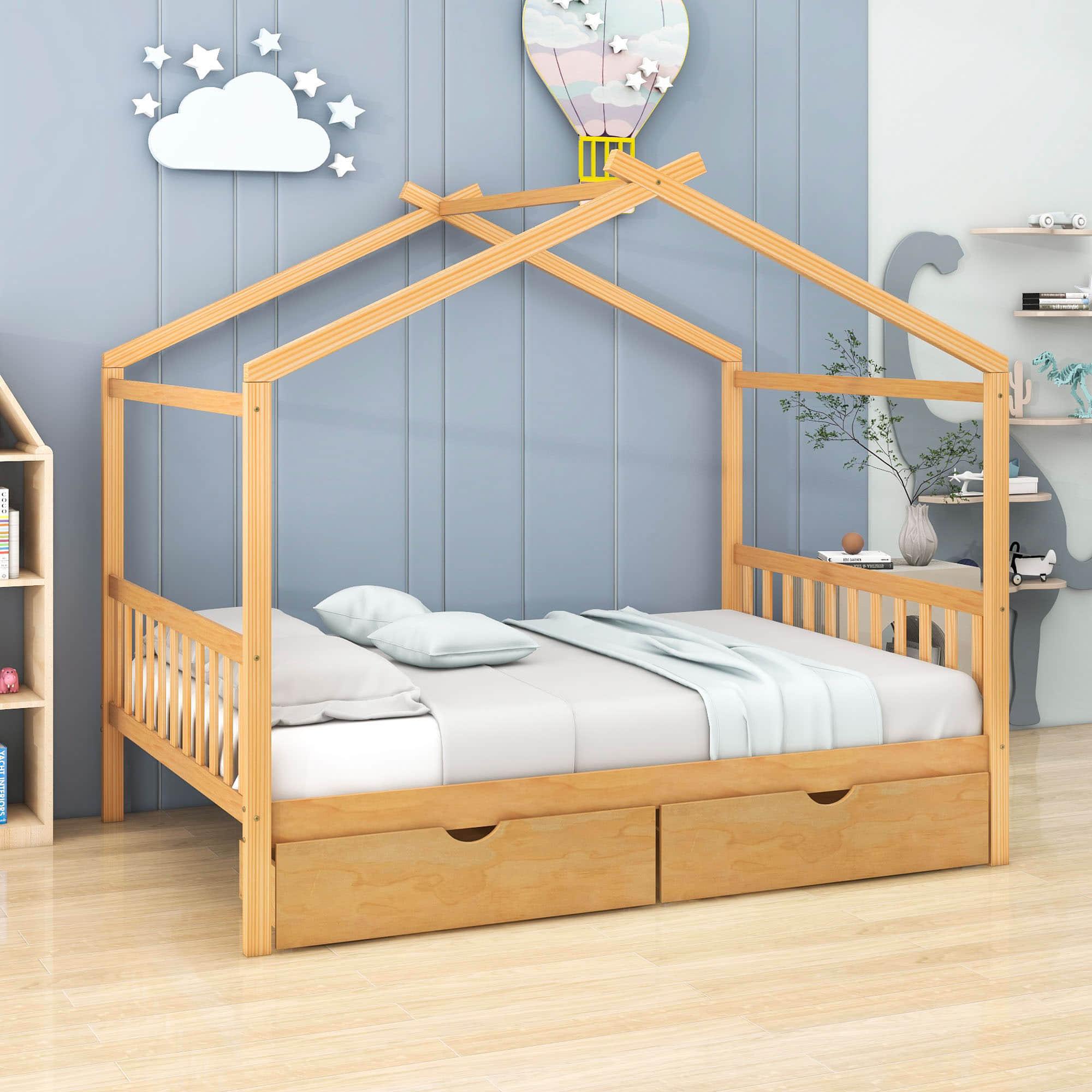 Modern Kids Full Size House Platform Bed with Storage and Headboard - [Drawers]