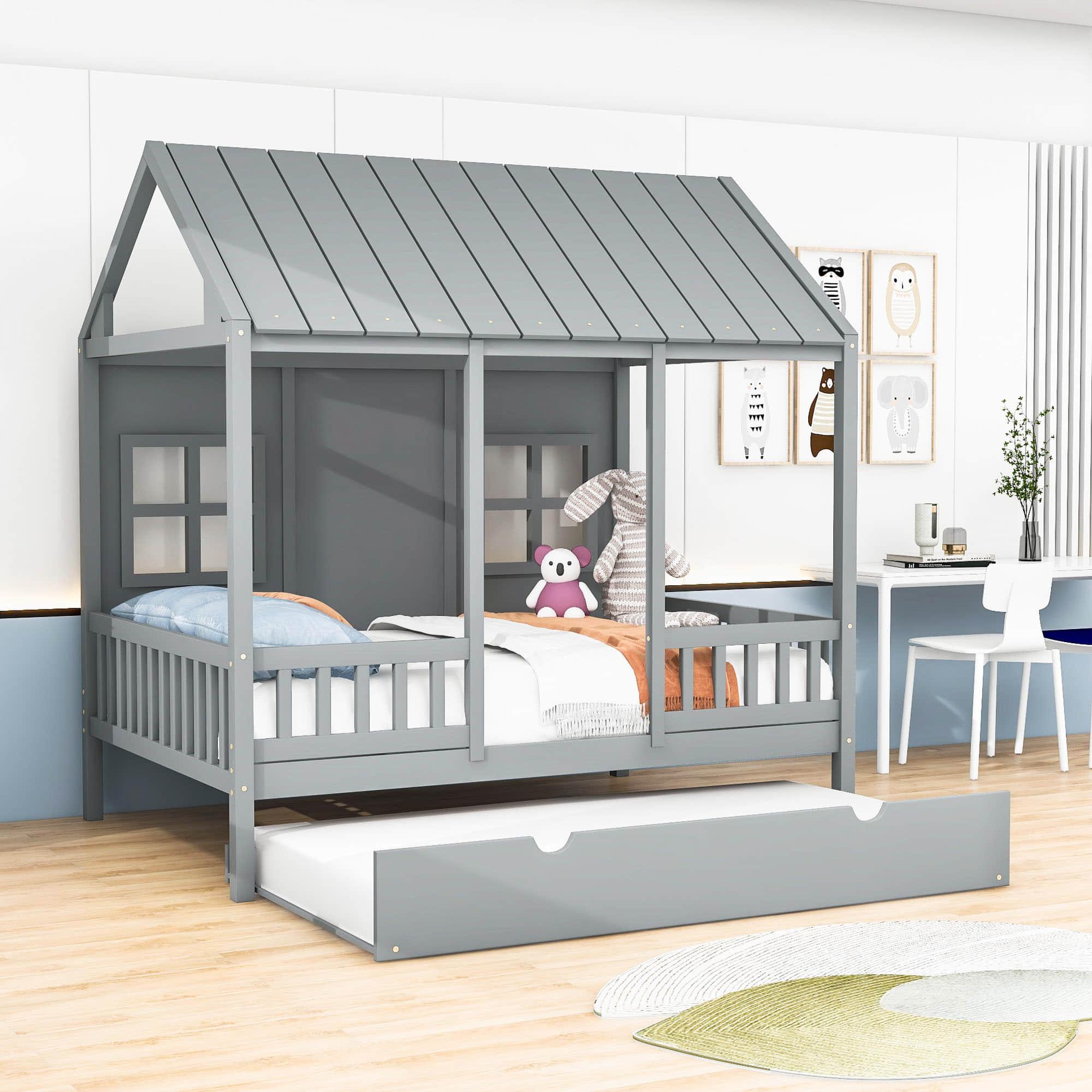 Wooden Full Size Kids House Bed with Twin Trundle Bed and Rails