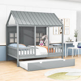 Wooden Full Size Kids House Bed with Twin Trundle Bed and Rails