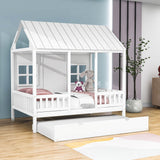 Wooden Full Size Kids House Bed with Twin Trundle Bed and Rails