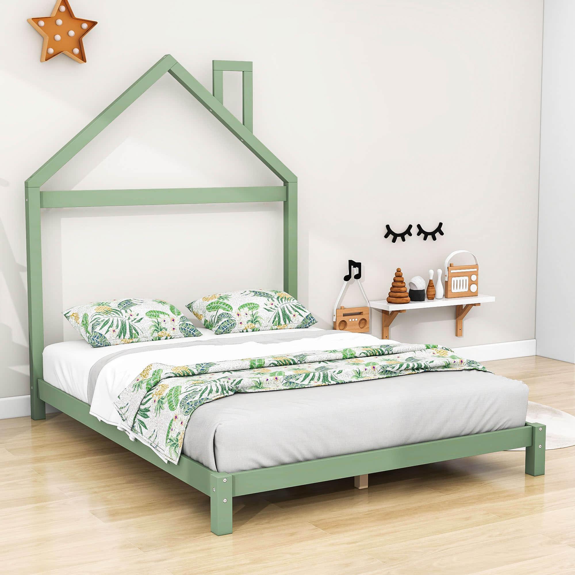 Low Full Size Wooden Toddler Bed with House-Shaped Headboard