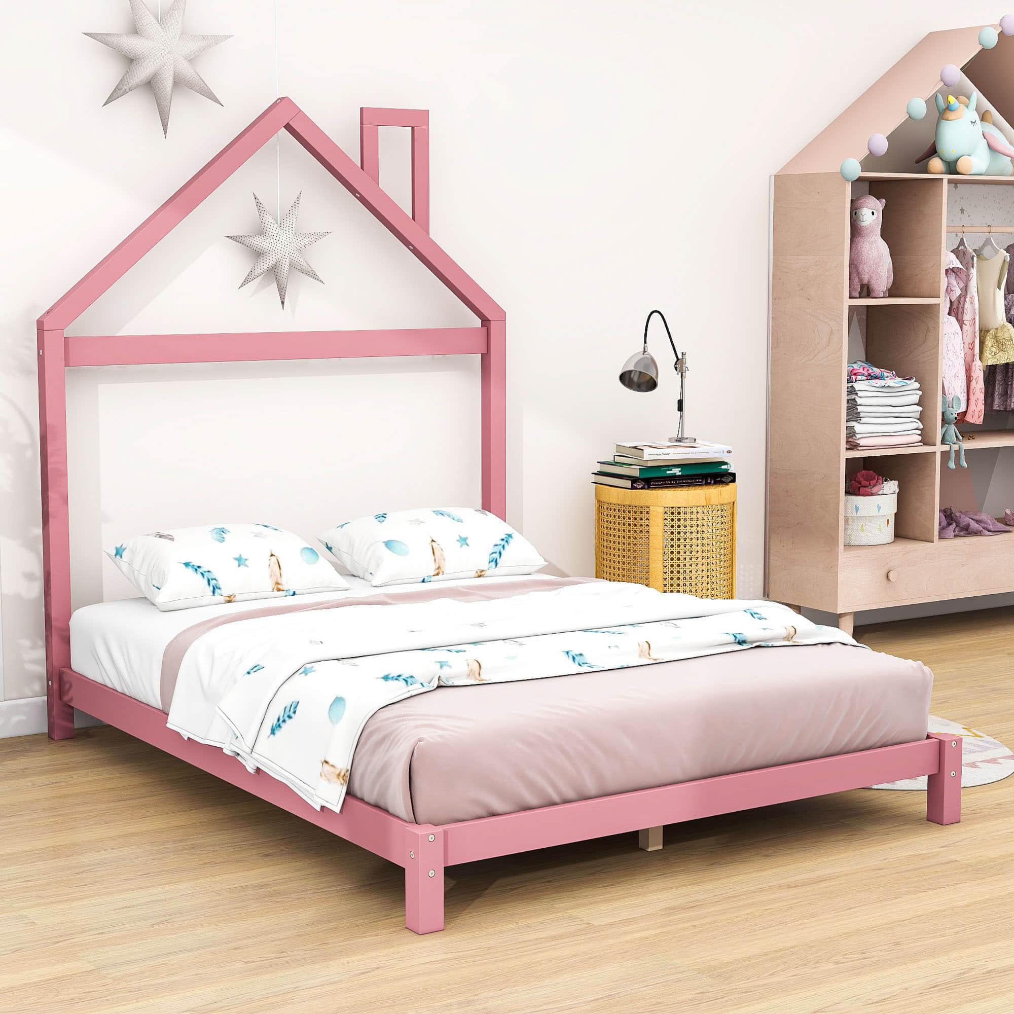 Low Full Size Wooden Toddler Bed with House-Shaped Headboard