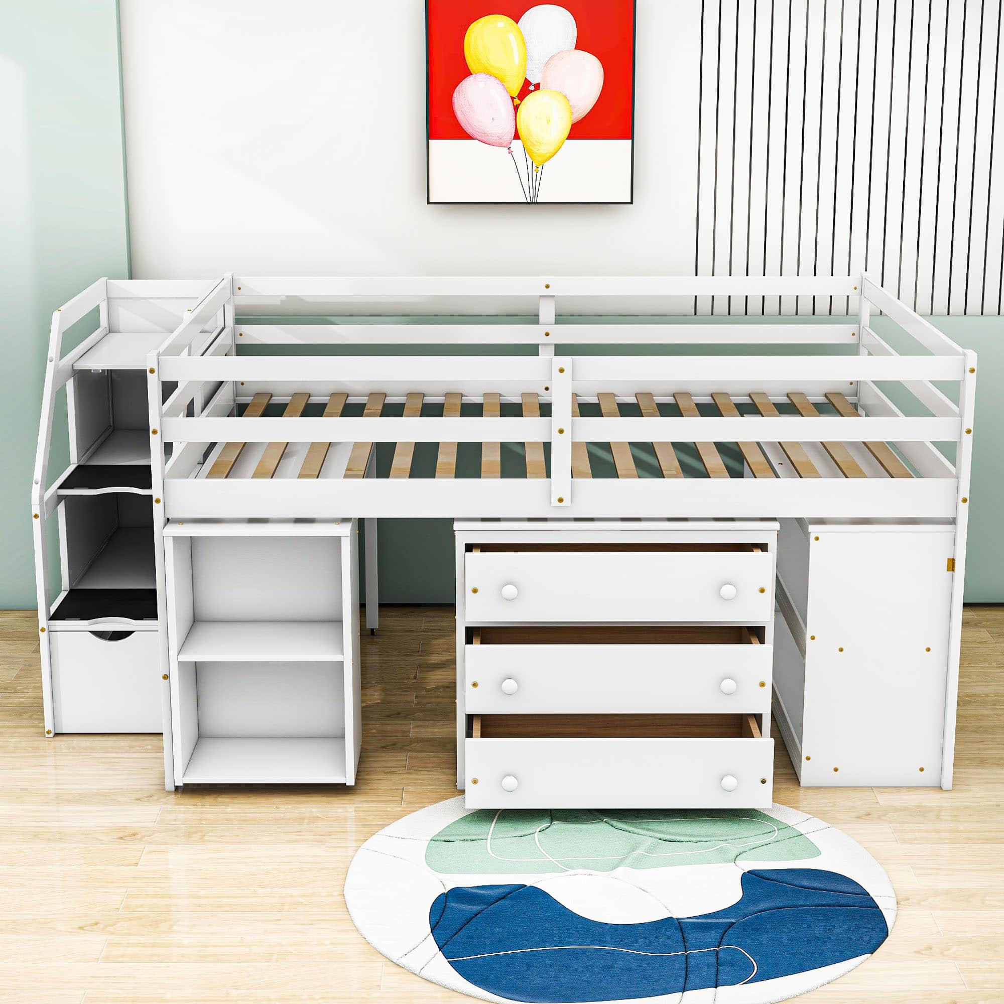 Full Size Kids Low Loft Bed with Desk and Stairs, Storage - [Dresser]