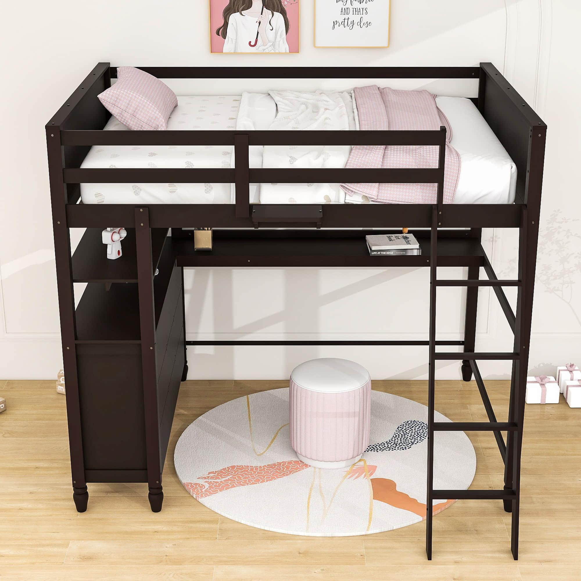 Full Size Loft Bed with Desk and Storage Dresser for Adult, Kids - [Wood, Drawers, Shelves]