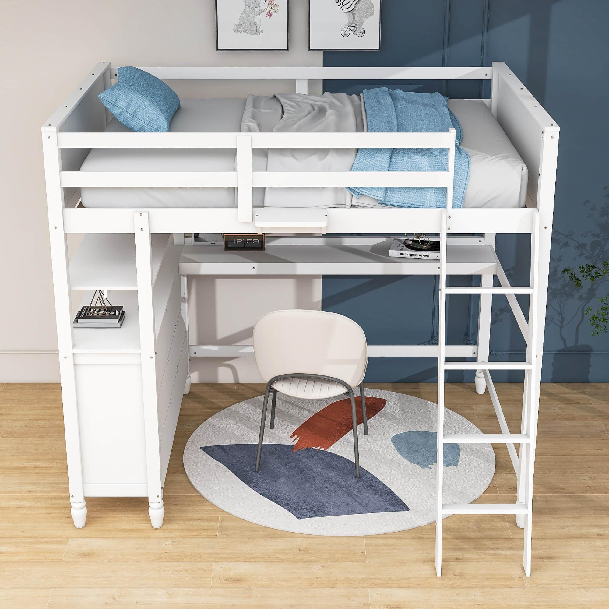 Full Size Loft Bed with Desk and Storage Dresser for Adult, Kids - [Wood, Drawers, Shelves]