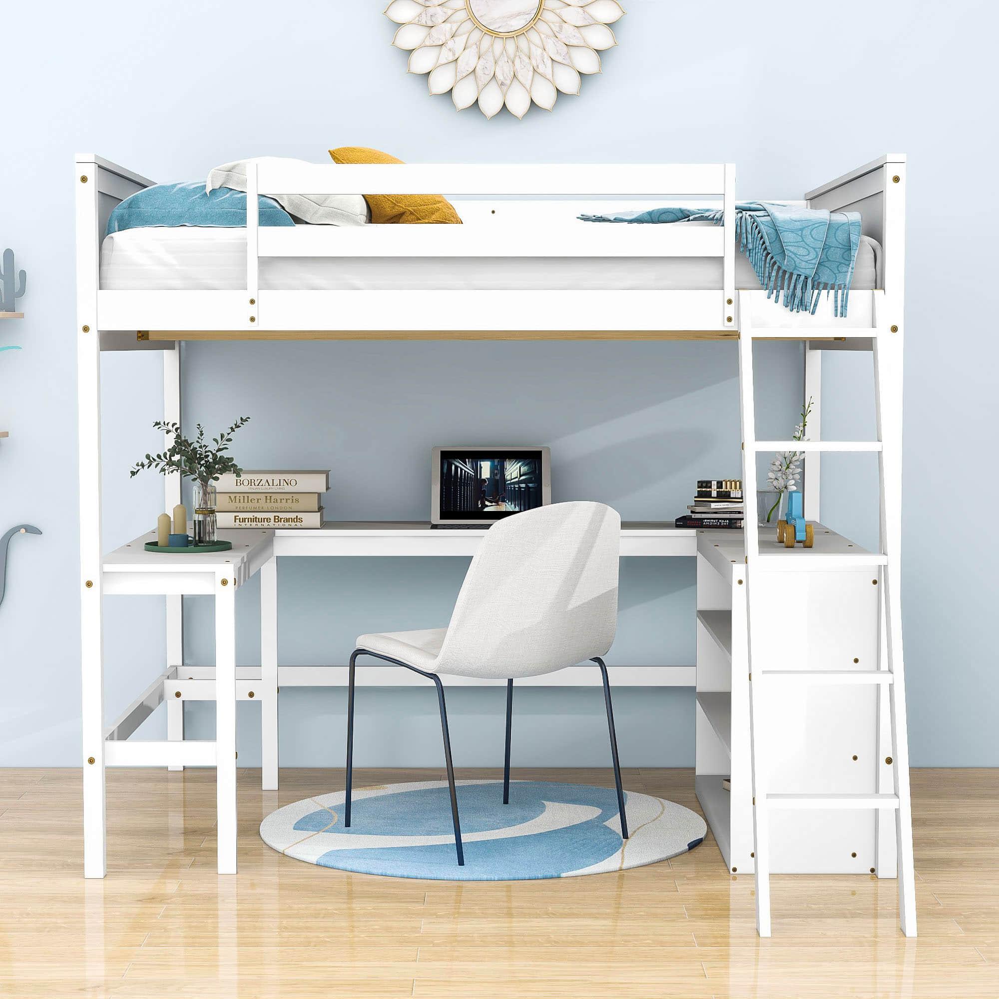 Full Size Convertible High Loft Bed with Desk and Shelves - [Cabinet, Wood]