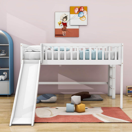 Full Size Low Loft Bed with Slide for Kids Toddler - [Wooden, Fun]