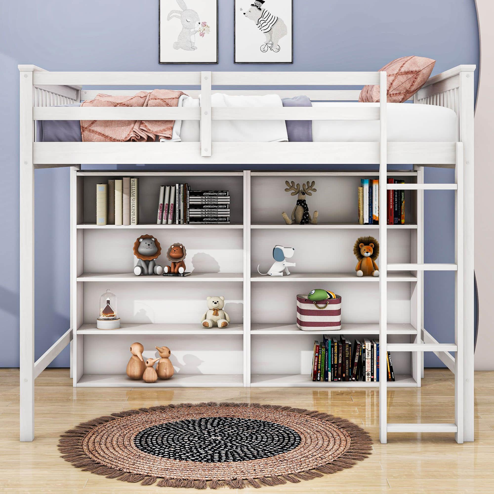 Full Size Loft Bed with Large Open Storage Shelves for Adults, Kids