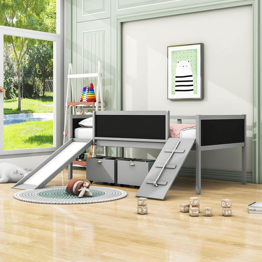 Low Kids Twin Loft Bed with Slide and Storage Boxes, Blackboard