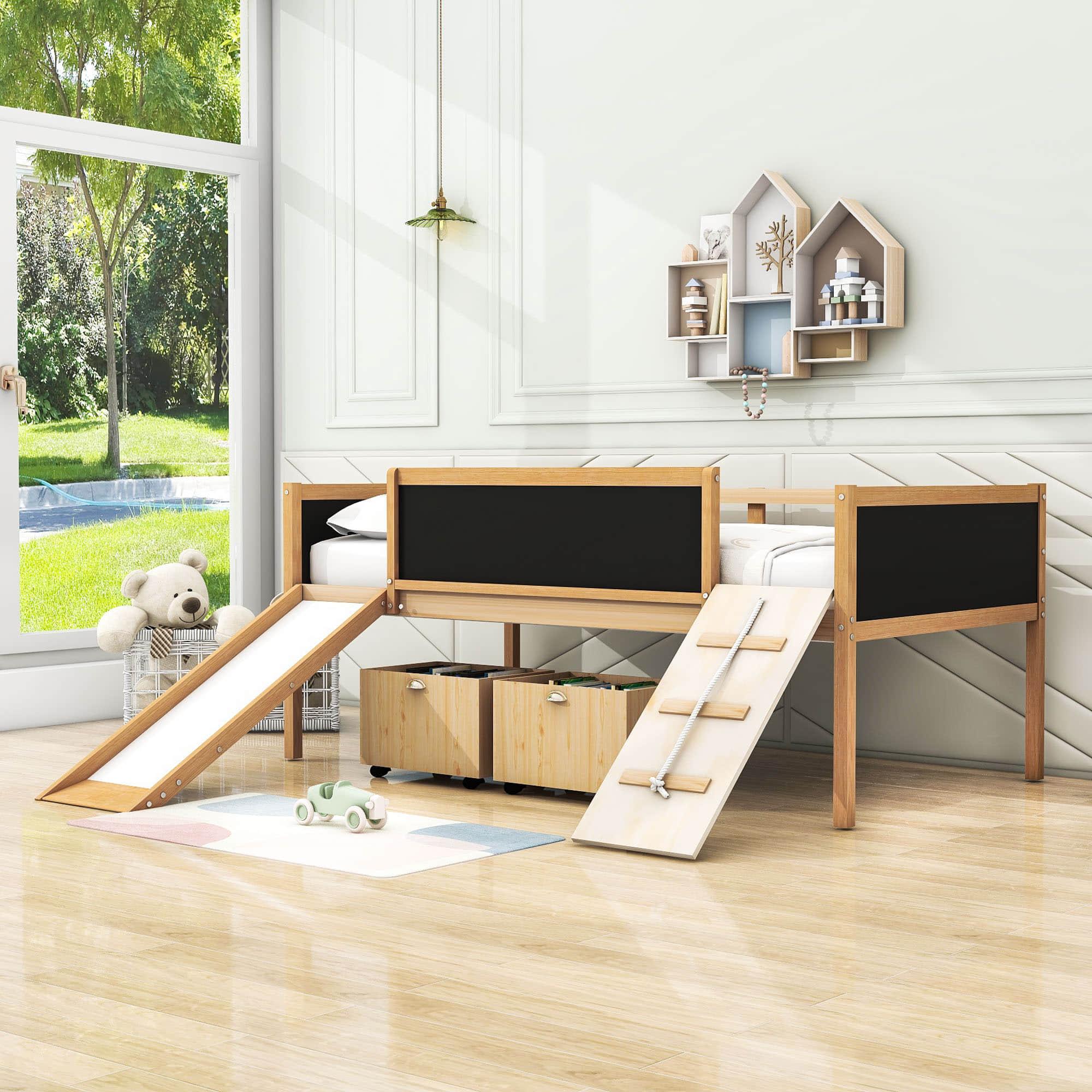 Low Kids Twin Loft Bed with Slide and Storage Boxes, Blackboard