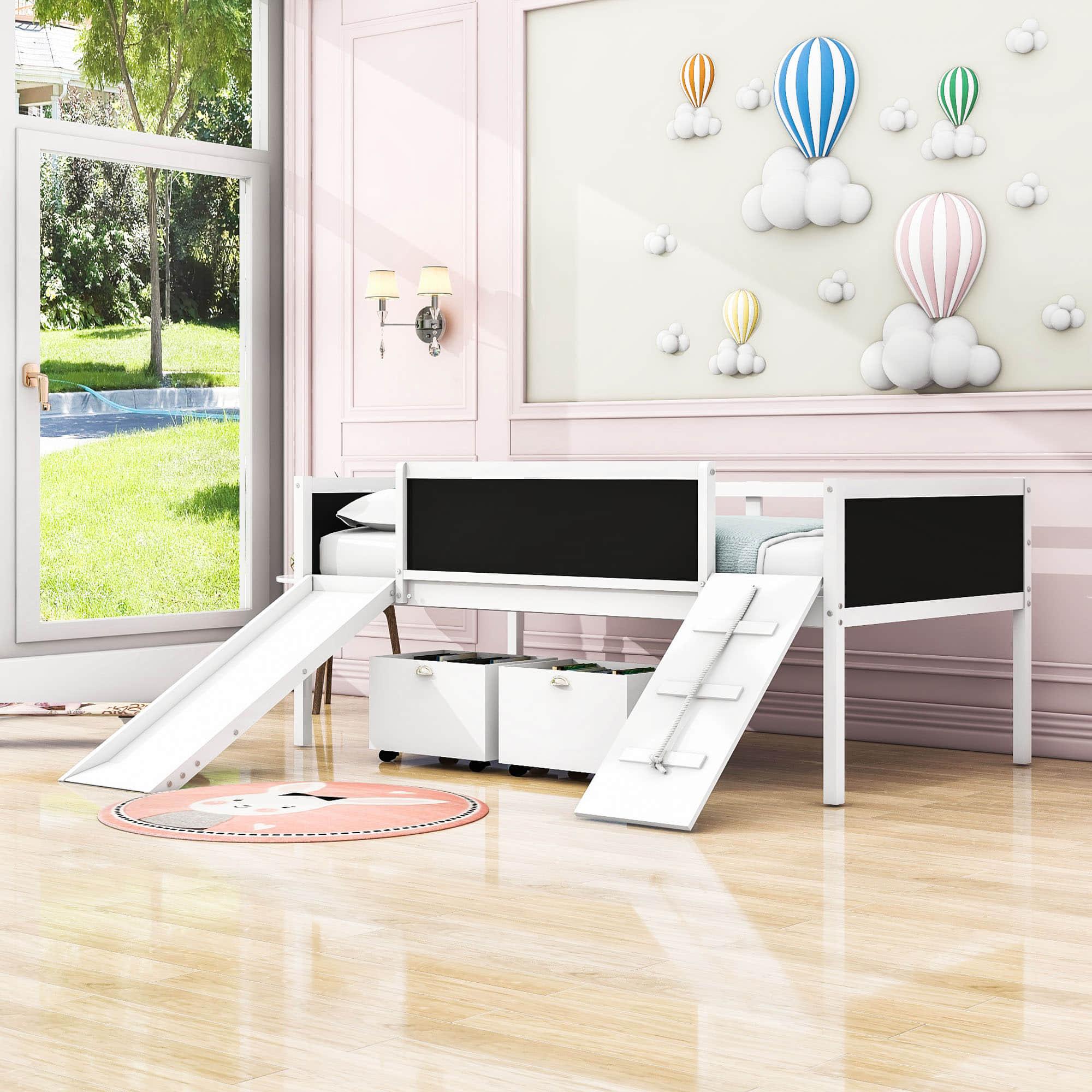 Low Kids Twin Loft Bed with Slide and Storage Boxes, Blackboard