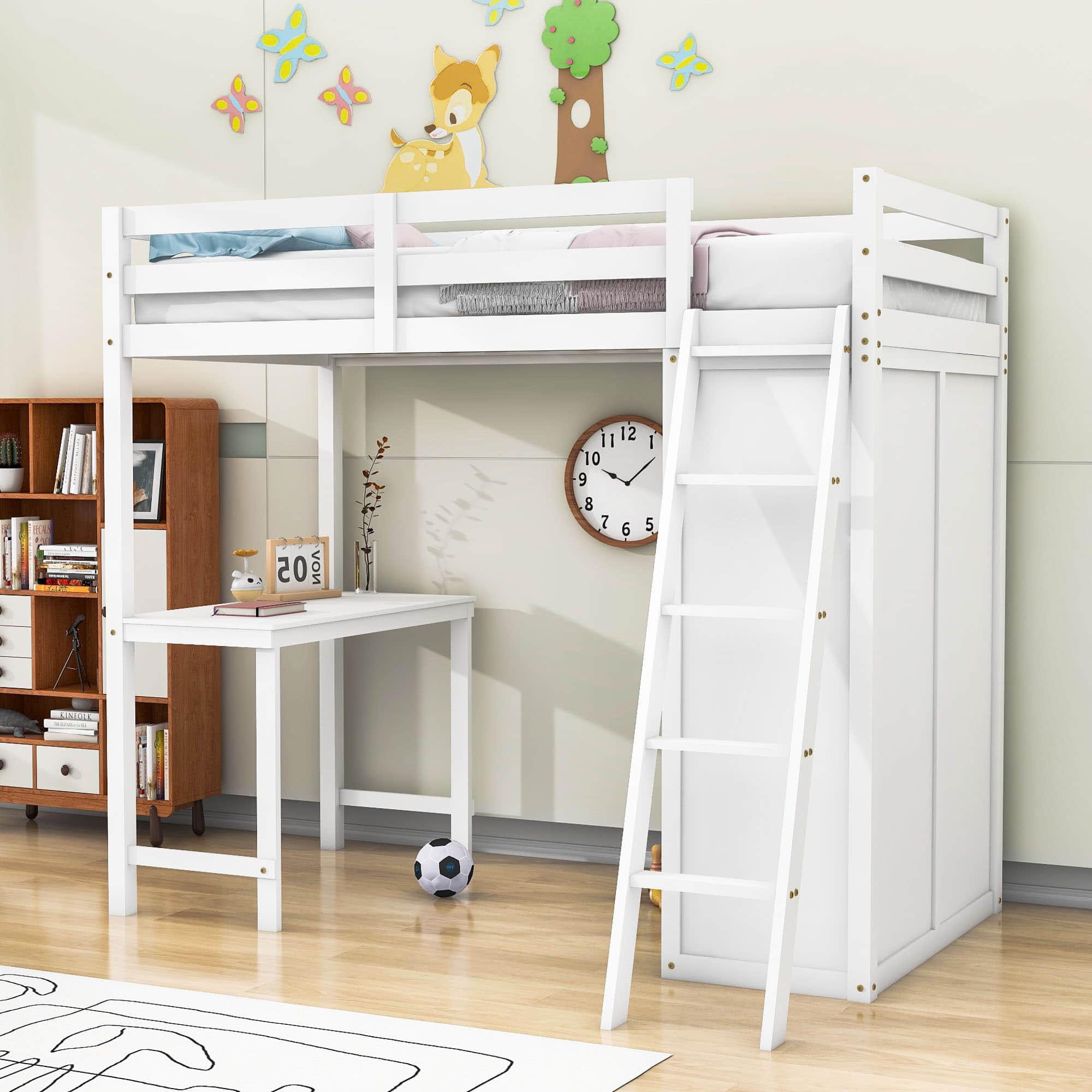 Wood Twin Loft Bed with Desk and Storage for Adults, Kids - [Wardrobe]