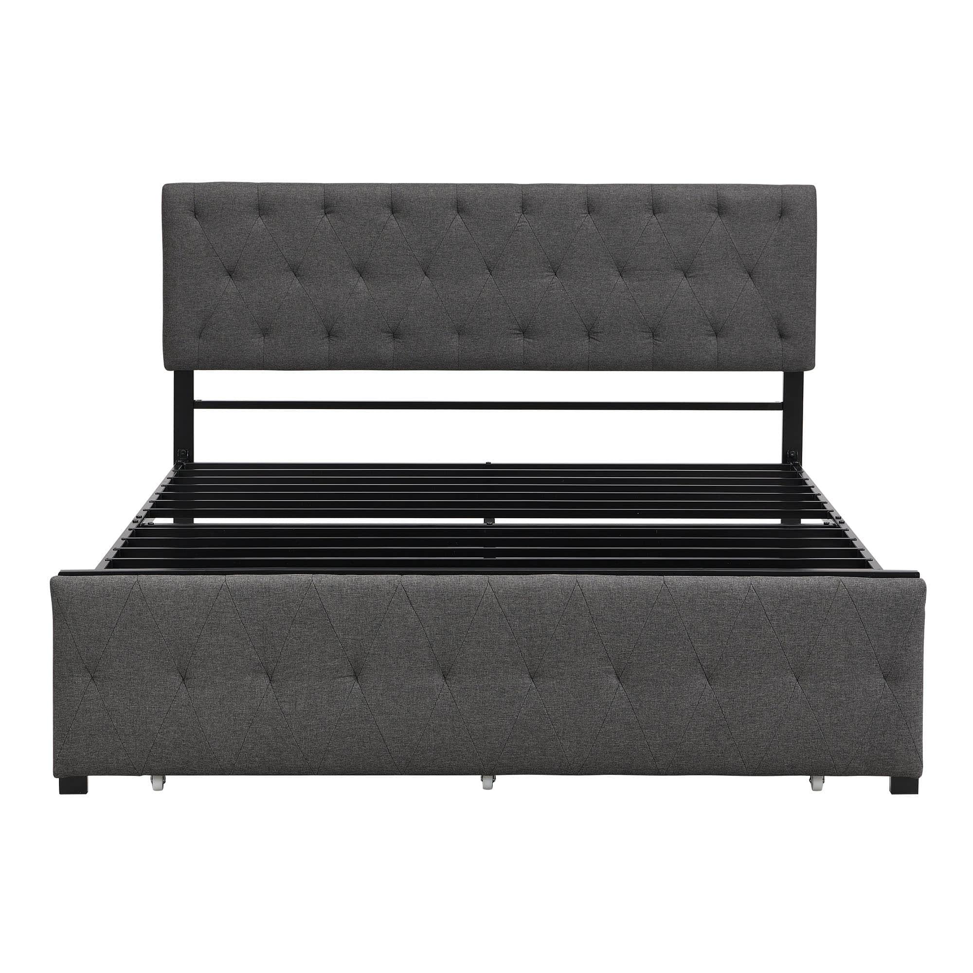 Metal Queen Size Upholstered Storage Bed with Headboard and Drawers