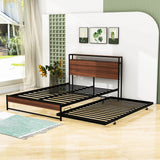 Full Size Smart Platform Bed with Twin Trundle Bed and Shelf Headboard