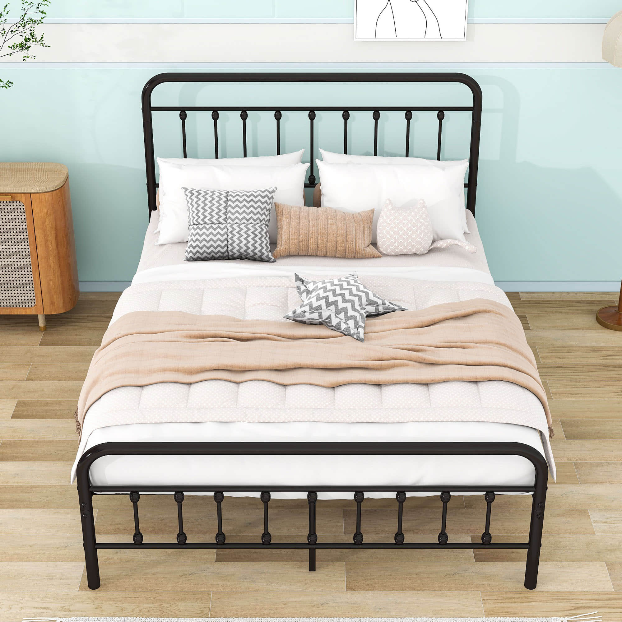 Vintage Queen Size Metal Bed Frame with Slats Headboard