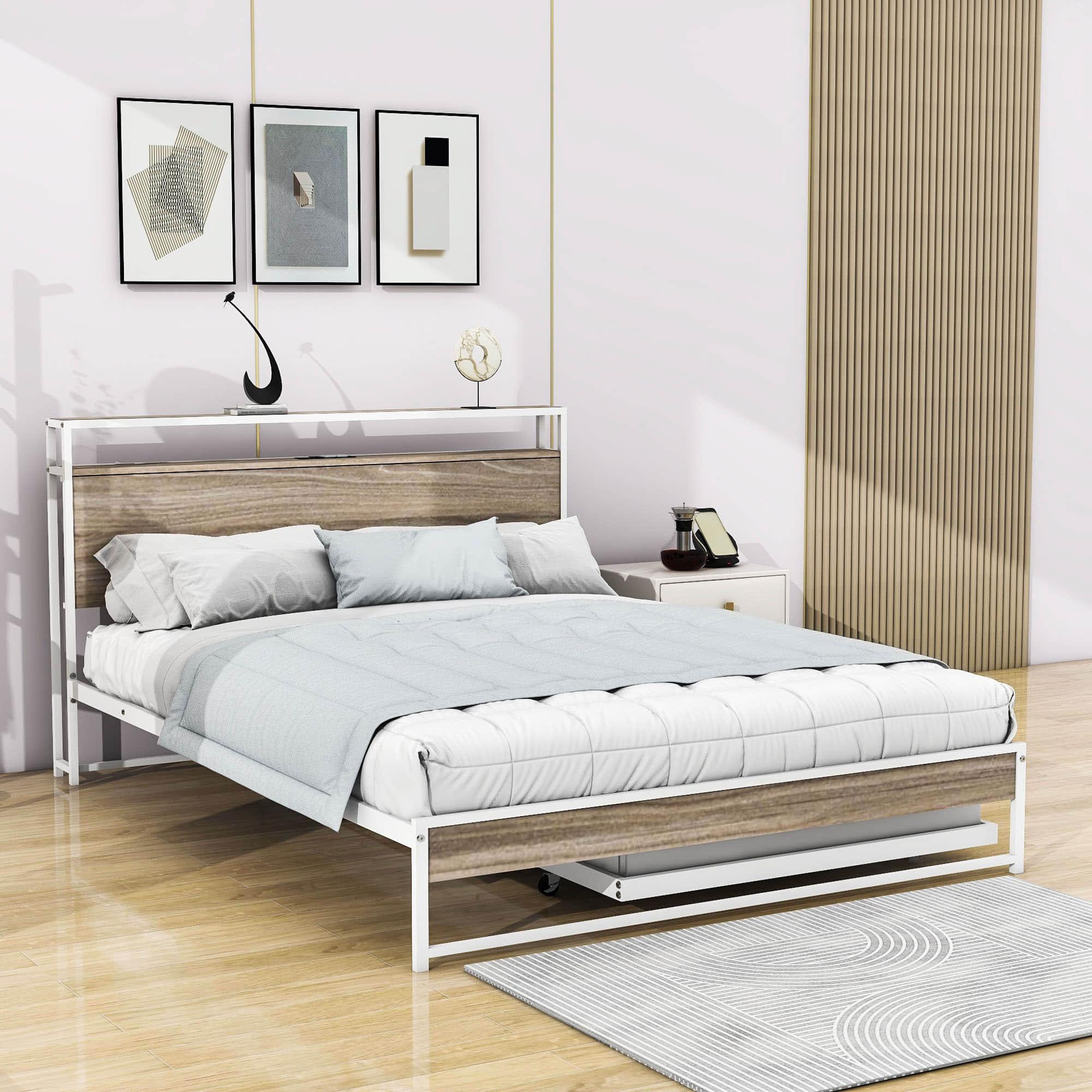 Metal Queen Size Smart Platform Bed with Twin Trundle Bed and Shelf Headboard