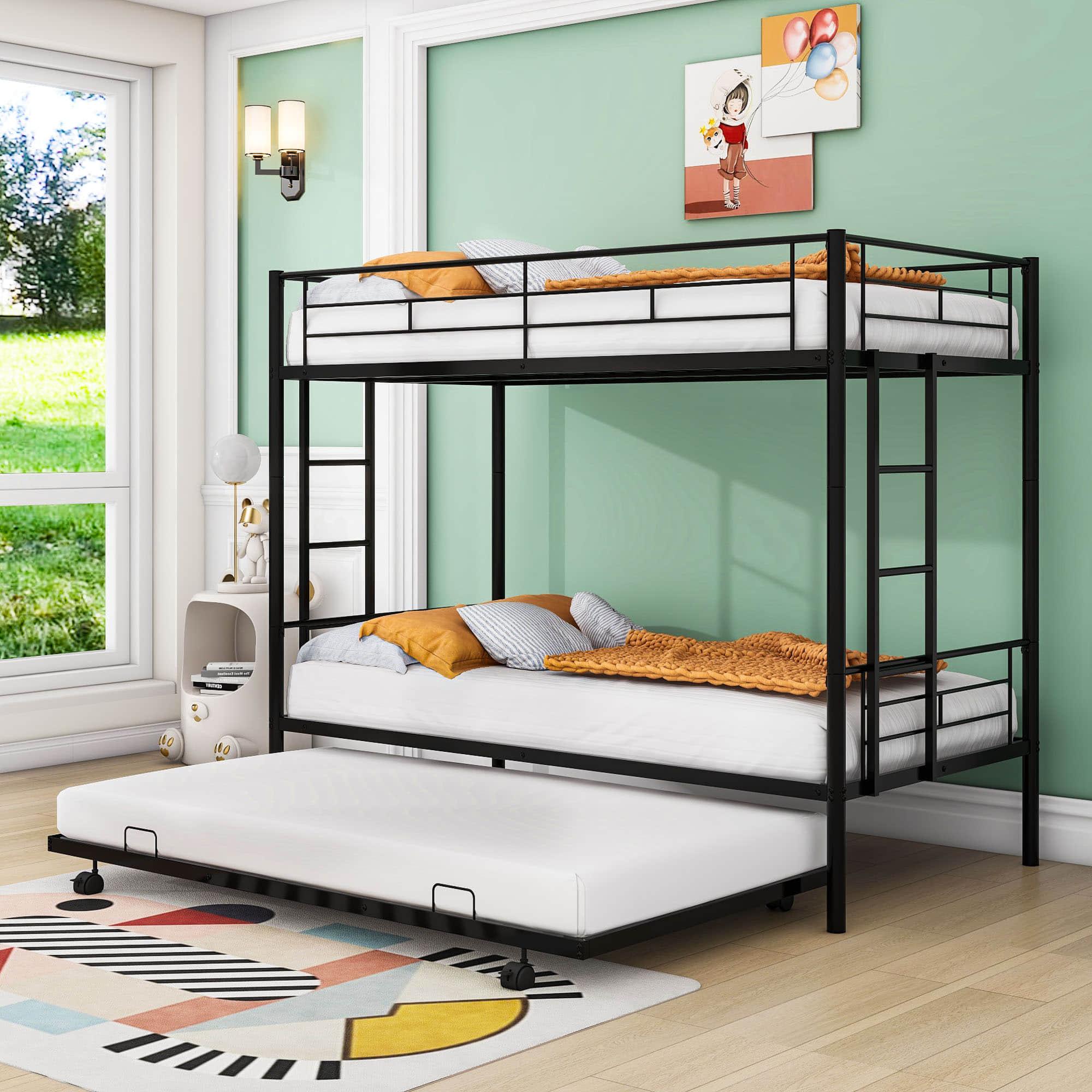 Metal Twin Over Twin Bunk Bed with Trundle - [Convertible, Noise Reduced]