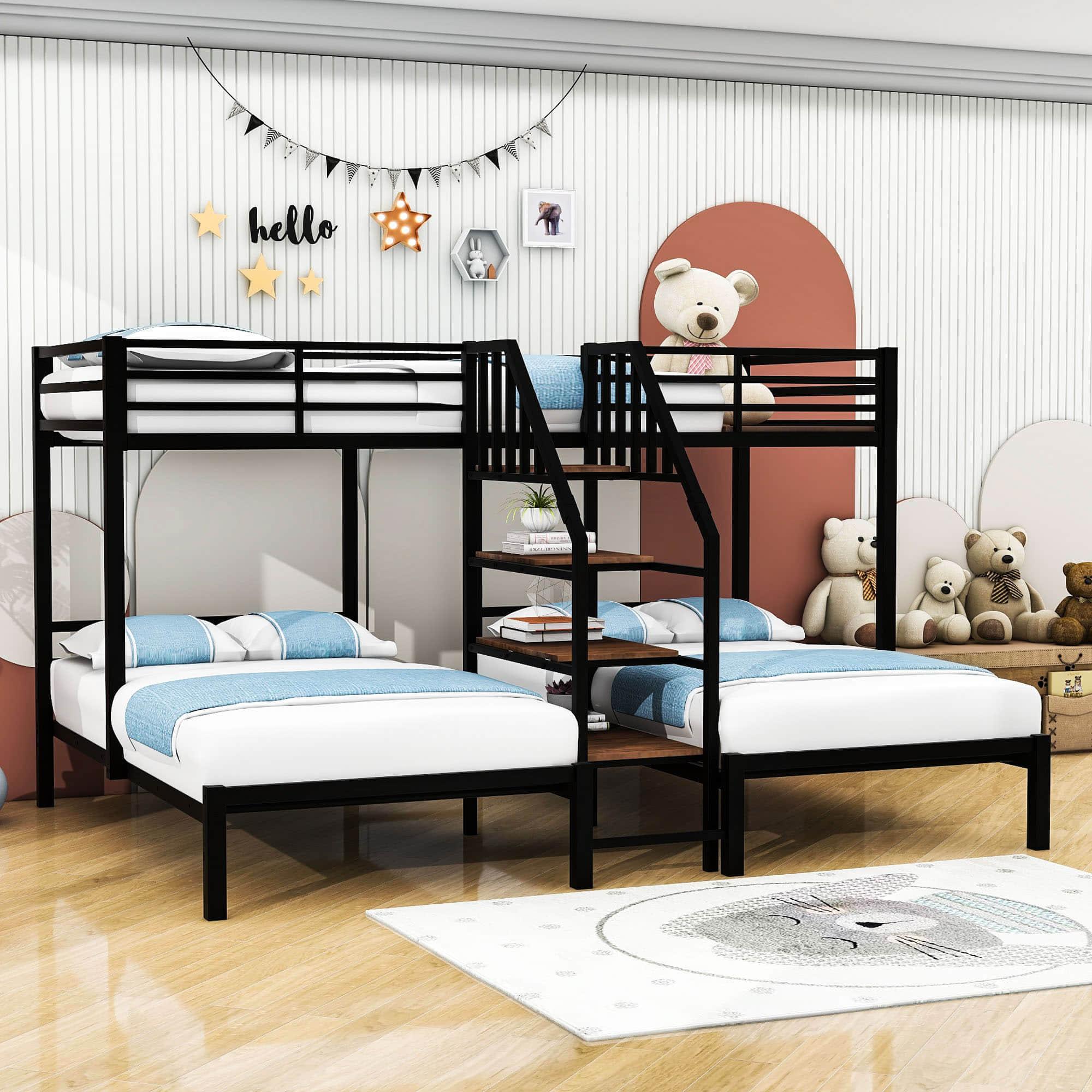 Twin Over Twin & Twin Triple Bunk Beds with Stairs and Storage - [Metal, Shelves]